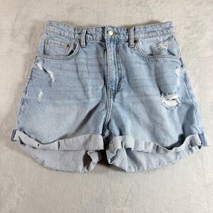 H&M HM Ultra High Waist Mom Shorts Light Blue Distressed Denim Cuffed Size 8